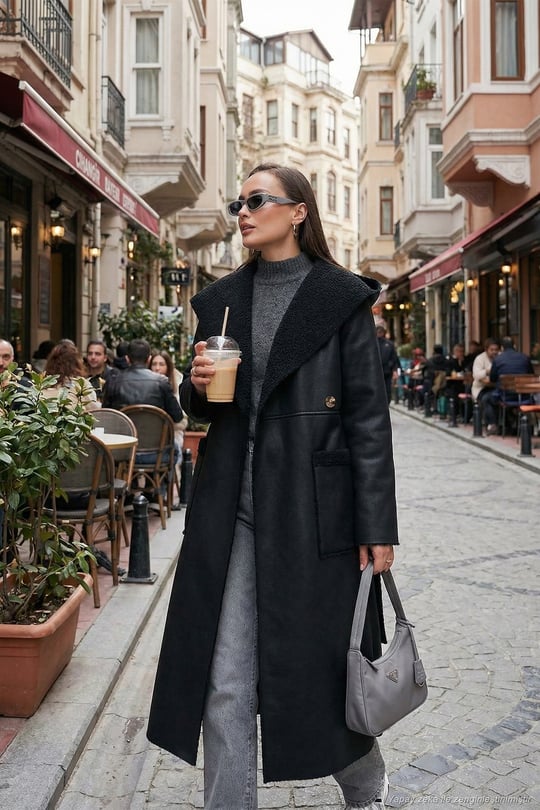 Çift Taraflı Kapüşonlu Oversize Uzun Kadın Kaban 6810295 SİYAH