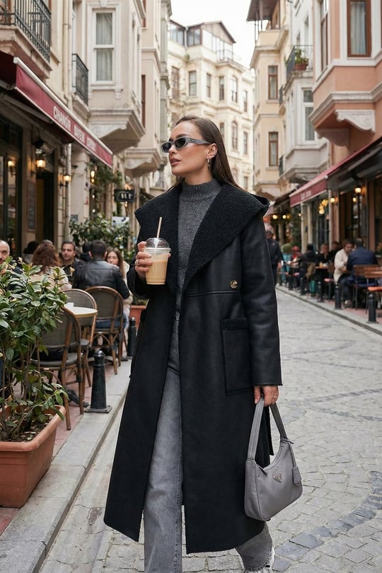 Çift Taraflı Kapüşonlu Oversize Uzun Kadın Kaban 6810295 SİYAH