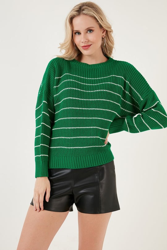 Çizgili Arkası Uzun Bisiklet Yaka Örme Kadın Kazak 4616133 Benetton-Krem
