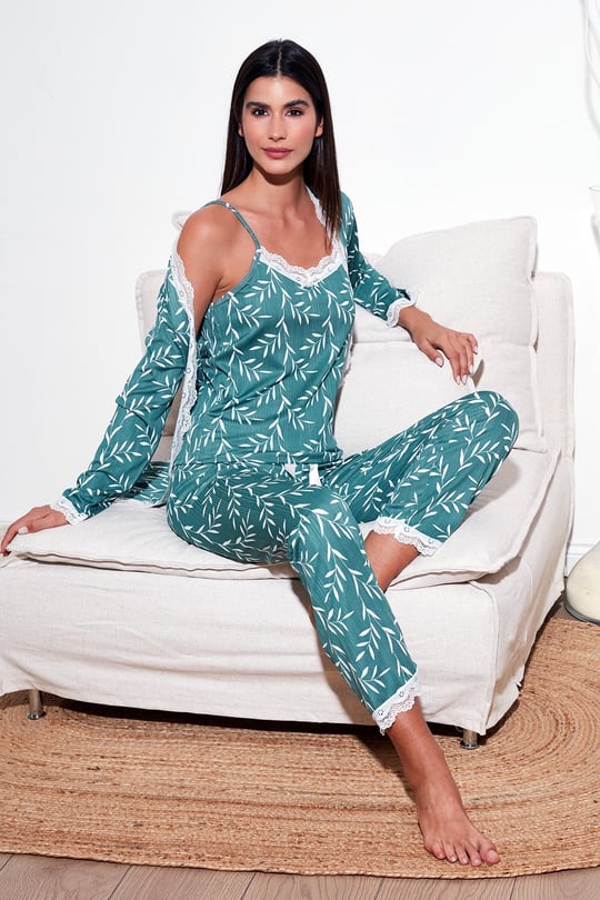 Dantelli Regular Fit Sabahlıklı İp Askılı Kadın Pijama Takımı 65780118 YEŞİL