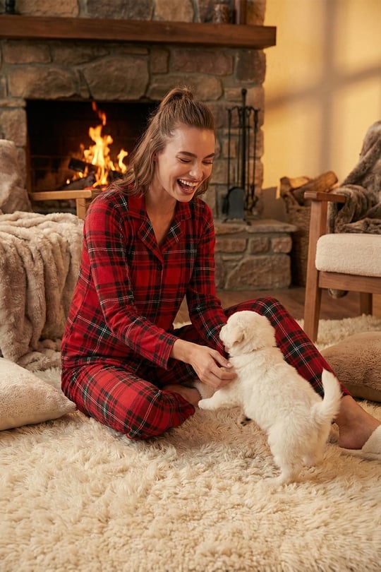 Desenli Beli Lastikli Gömlek Yaka Dokuma Kadın Pijama Takımı 6095660W4 KIRMIZI-SİYAH