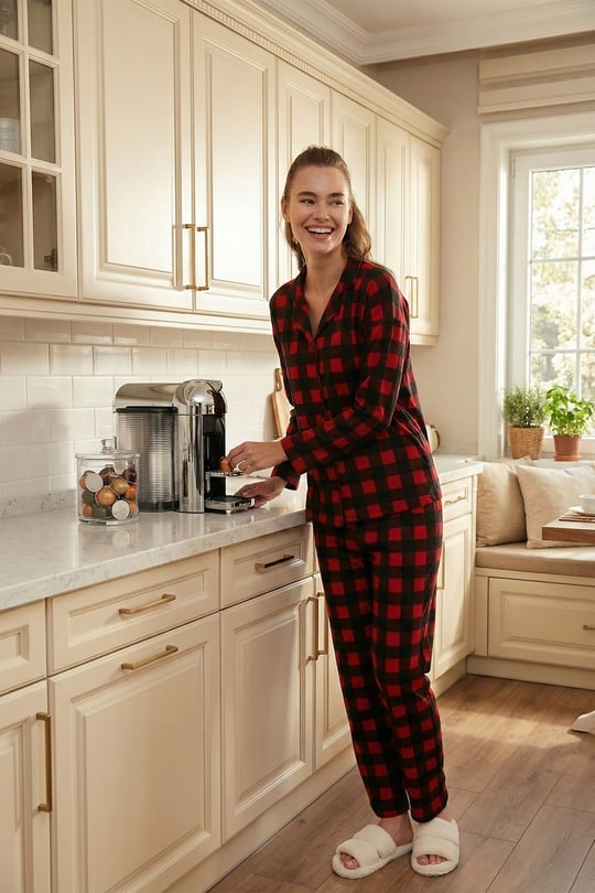 Desenli Beli Lastikli Gömlek Yaka Dokuma Kadın Pijama Takımı 6095660W4 SİYAH