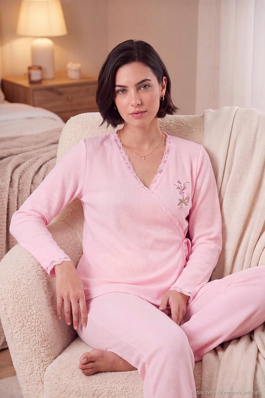 Desenli Dantel Detaylı Bağlamalı Uzun Kollu Kadın Pijama Takımı 6575024 PEMBE