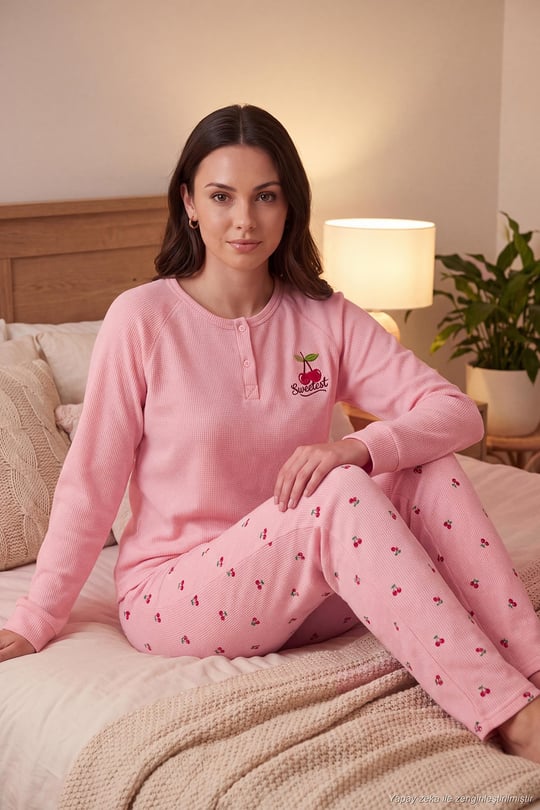Desenli Düğmeli Bisiklet Yaka Uzun Kollu Kadın Pijama Takımı 6575021 PEMBE