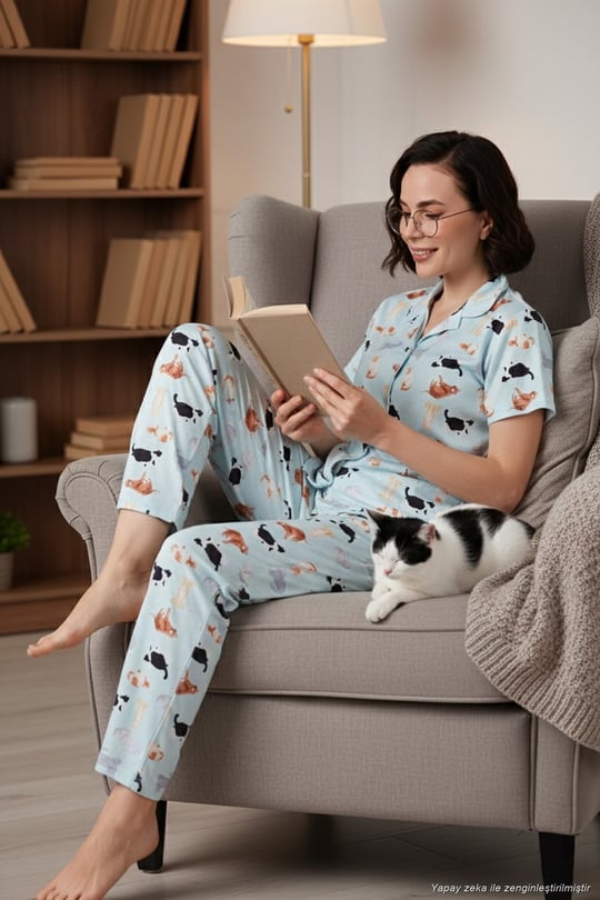 Desenli Kısa Kollu Beli Lastikli Gömlek Yaka Dokuma Regular Fit Kadın Pijama Takımı 6571010 MİNT
