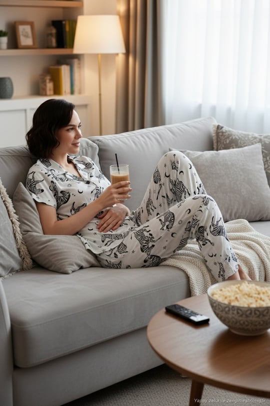 Desenli Kısa Kollu Beli Lastikli Gömlek Yaka Dokuma Regular Fit Kadın Pijama Takımı 6571010 EKRU-SİYAH