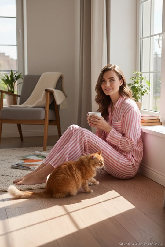 Desenli Rahat Kesim Bol Paça Yazlık Kadın Pijama Takımı 6110014 PEMBE