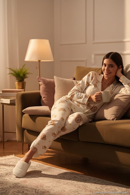 Desenli Reguar Fit Yumuşak Dokulu Kışlık Rahat Kadın Pijama Takımı 611PT288Y BEJ