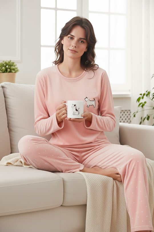 Desenli Regular Fit Bisiklet Yaka Uzun Kollu Kadın Pijama Takımı 65713312 PUDRA