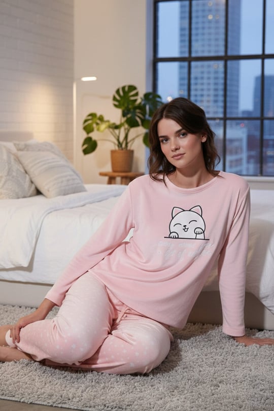 Desenli Regular Fit Bisiklet Yaka Uzun Kollu Kadın Pijama Takımı 65713312 PEMBE
