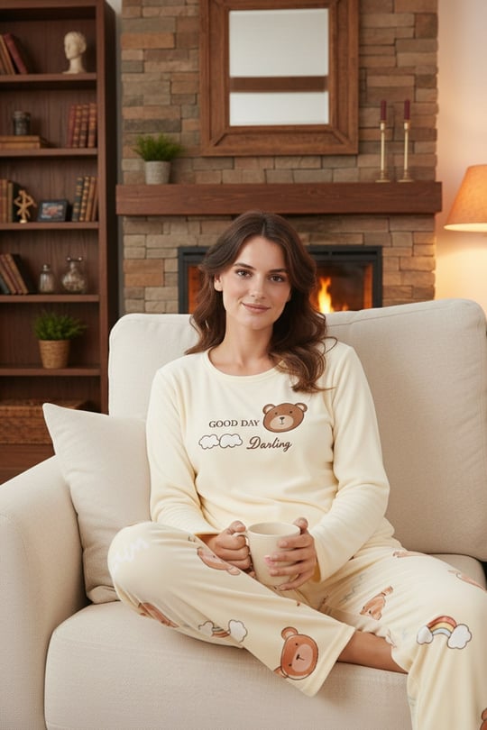 Desenli Regular Fit Bisiklet Yaka Uzun Kollu Kadın Pijama Takımı 65713312 SARI