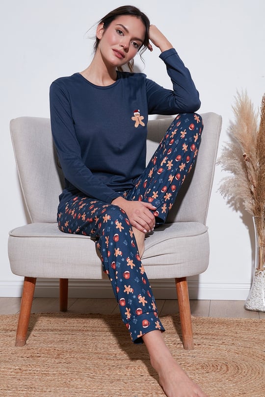 Desenli Yumuşak Dokulu Regular Fit Beli Lastikli Bisiklet Yaka Rahat Kadın Pijama Takımı 65714101 LACİVERT
