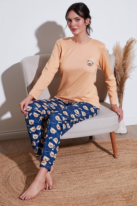 Desenli Yumuşak Dokulu Regular Fit Beli Lastikli Bisiklet Yaka Rahat Kadın Pijama Takımı 65714101 ŞEFTALİ