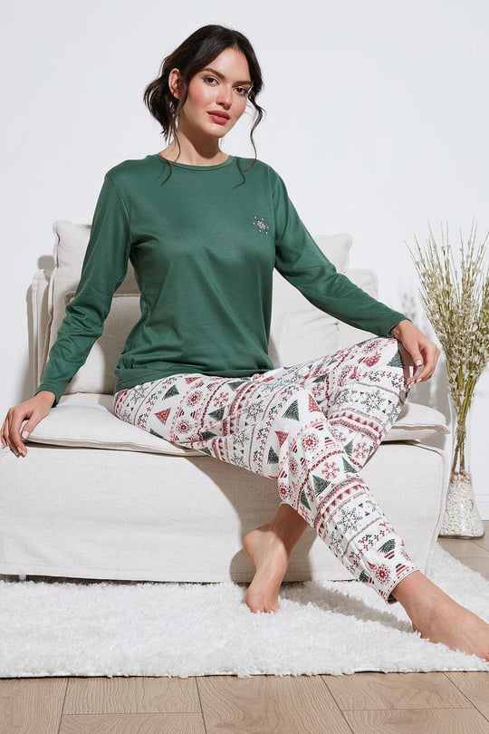 Desenli Yumuşak Dokulu Regular Fit Beli Lastikli Bisiklet Yaka Rahat Kadın Pijama Takımı 65714101 YEŞİL