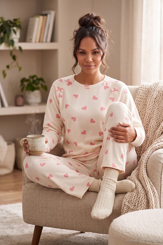 Desenli Yumuşak Dokulu Uzun Kollu Kadın Pijama Takımı 6575020 EKRU