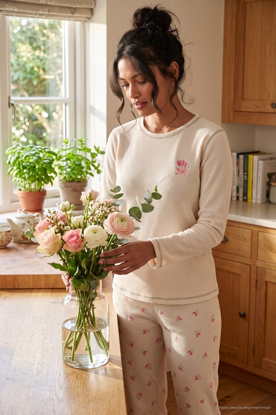 Desenli Yumuşak Dokulu Uzun Kollu Kadın Pijama Takımı 6575020 KREM