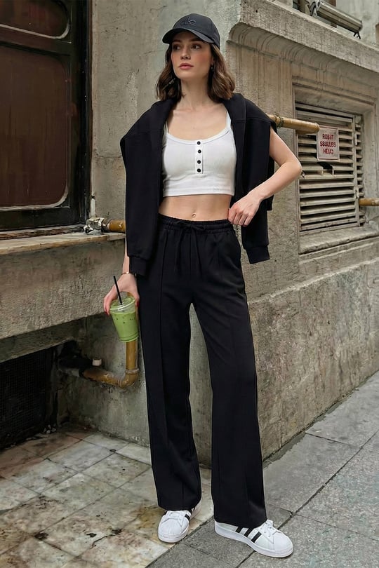 Eşofman Çimalı Regular Fit Normal Bel Geniş Paça Kadın Eşofman Altı 5866260 SİYAH