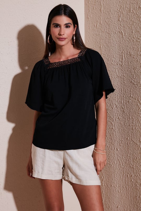 Güpürlü Regular Fit Kare Yaka Kadın Bluz 5865652 SİYAH