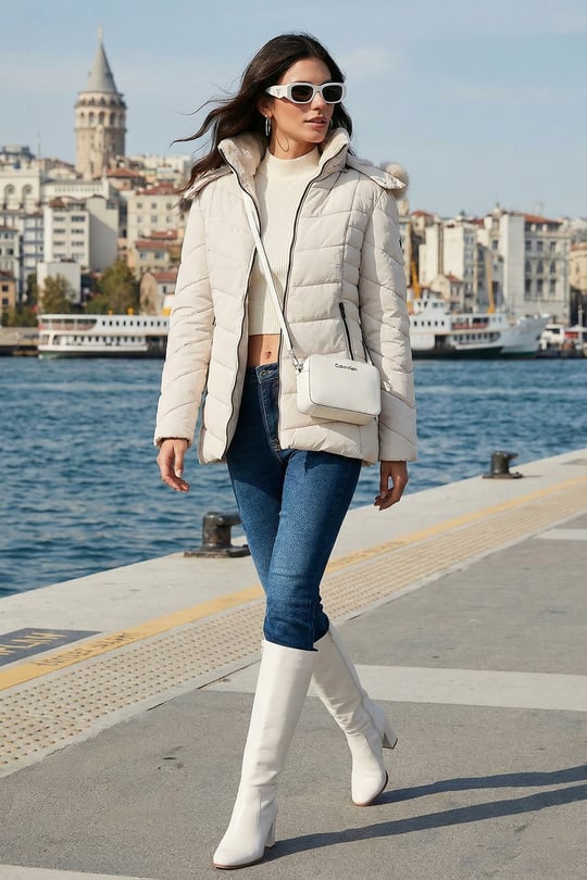 Kapitoneli Slim Fit Çıkarılabilir Kapüşonlu Kadın Mont 497MARA TAŞ