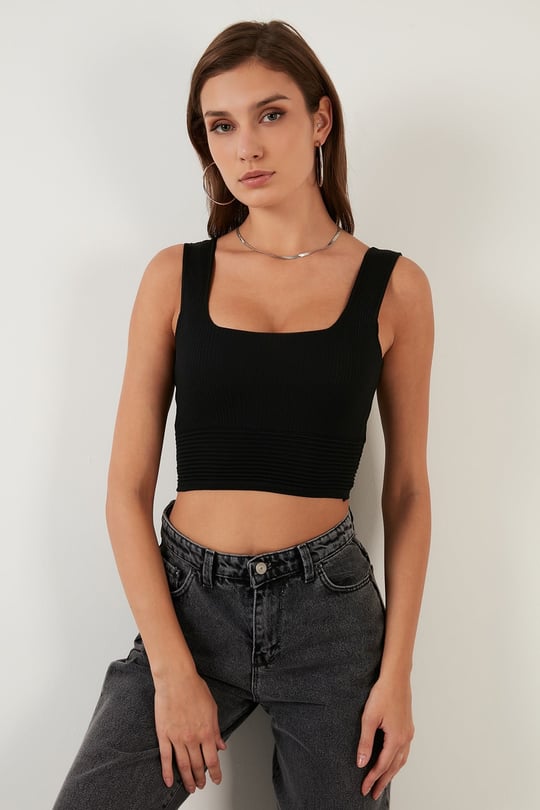 Kare Yaka Kalın Askılı Crop Kadın Atlet 6071482 SİYAH