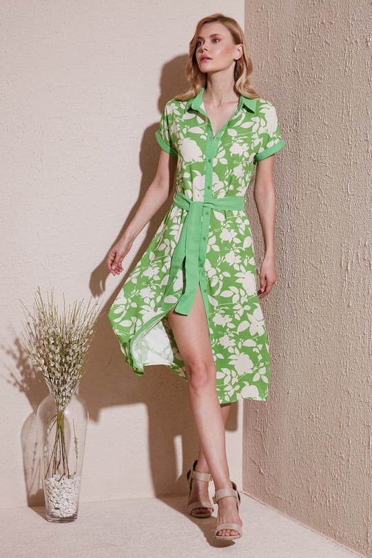 Kemerli Regular Fit Midi Gömlek Kadın Elbise 66924552S4 EKRU-YEŞİL