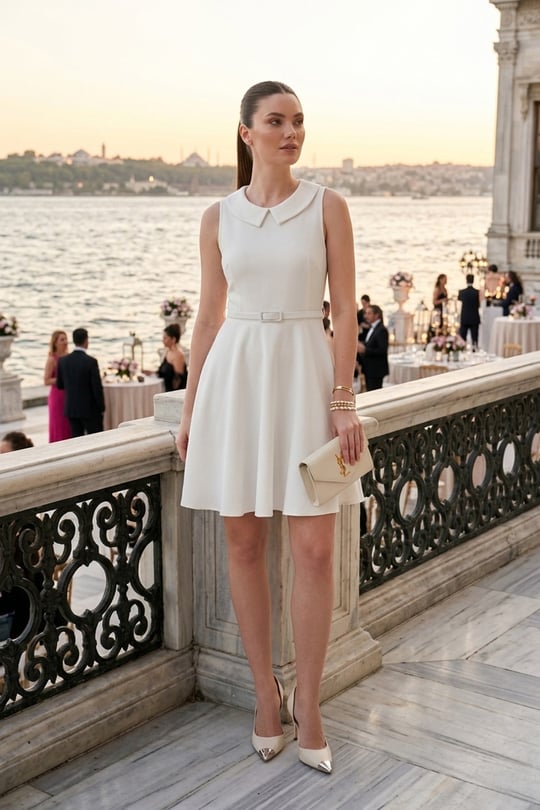 Lela A Kesim Regular Fit Yaka ve Kemer Detaylı Mini Davet ve Mezuniyet Kadın Elbise 6525740 EKRU