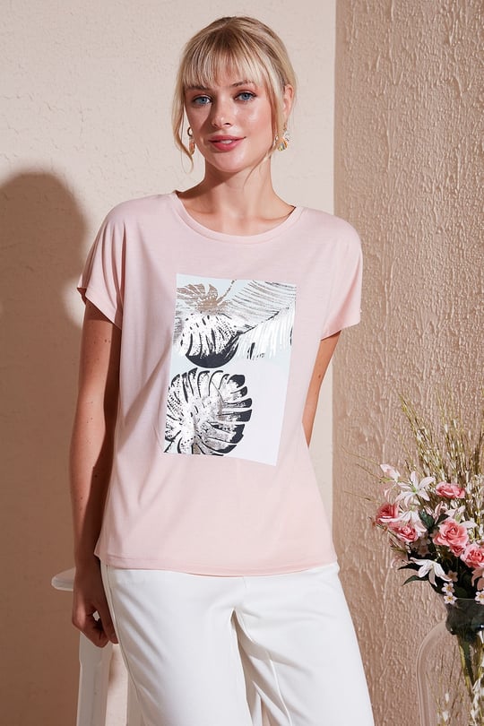 Lela Baskılı Bisiklet Yaka Regular Fit Kadın T Shirt 6671004 PUDRA