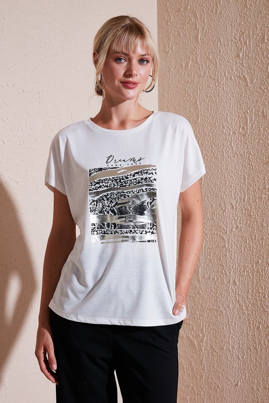 Lela Baskılı Bisiklet Yaka Regular Fit Kadın T Shirt 6671000 EKRU