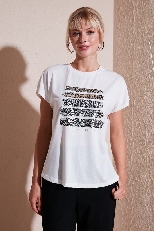 Lela Baskılı Bisiklet Yaka Regular Fit Kadın T Shirt 6671003 EKRU