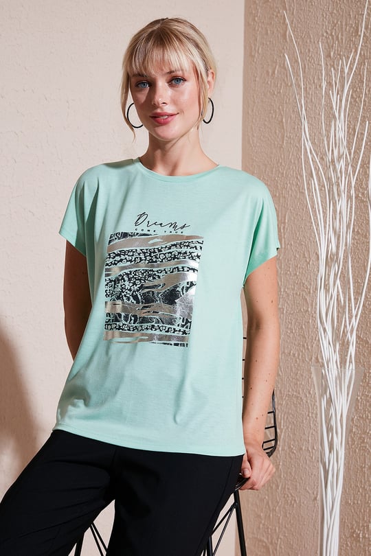 Lela Baskılı Bisiklet Yaka Regular Fit Kadın T Shirt 6671000 MİNT