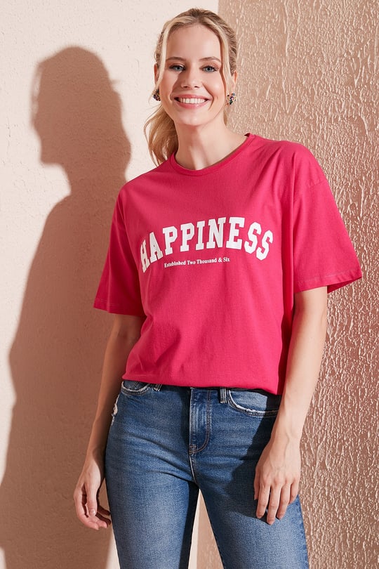 Lela Baskılı Pamuklu Oversize Bisiklet Yaka Kadın T Shirt 541HAPPINESS FUŞYA