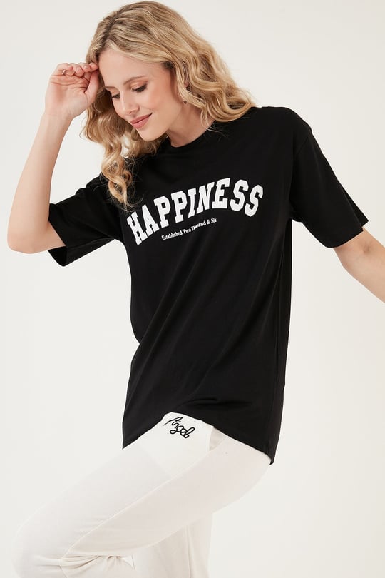 Lela Baskılı Pamuklu Oversize Bisiklet Yaka Kadın T Shirt 541HAPPINESS SİYAH