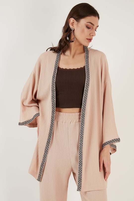 Lela Bürümcük Rahat Kesim Geniş Kollu Uzun Kimono Kadın Hırka 6239165 TAŞ