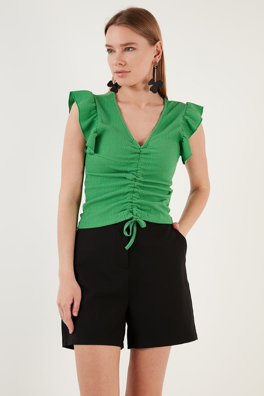 Lela Büzgü Detaylı Kolları Fırfırlı Dar Kesim Crop Kadın Bluz 5865015 BENETTON