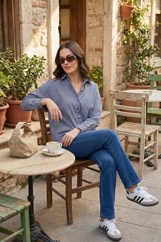 Lela Çizgili Oversize Fit Klasik Yaka Uzun Kollu Kadın Gömlek 6925475 SİYAH