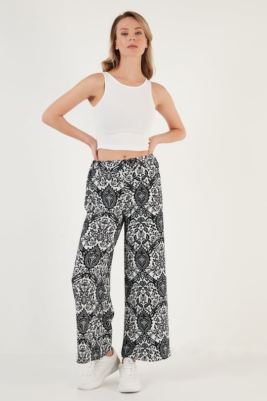 Lela Desenli Beli Lastikli Bol Paça Kadın Pantolon 5869018 SİYAH