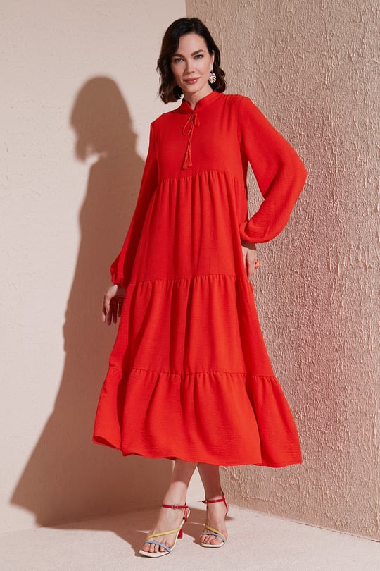 Lela Modest Regular Fit Dik Yaka Uzun Kadın Elbise 611EL545 ORANJ