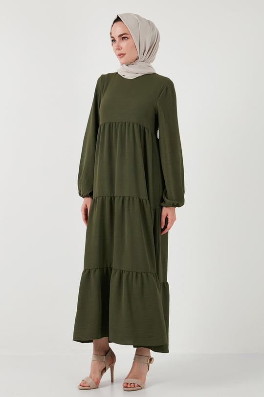 Lela Modest Regular Fit Dik Yaka Uzun Kadın Elbise 611EL545 HAKİ
