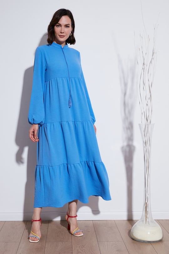 Lela Modest Regular Fit Dik Yaka Uzun Kadın Elbise 611EL545 AÇIK MAVİ