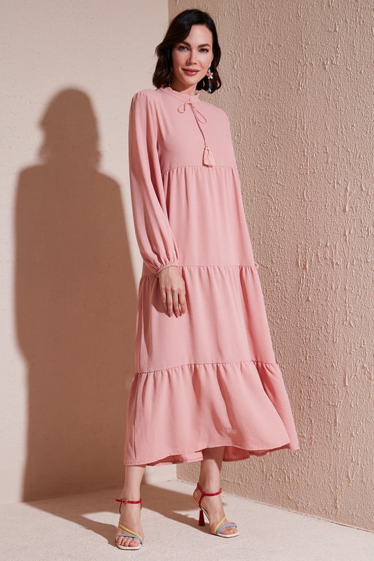 Lela Modest Regular Fit Dik Yaka Uzun Kadın Elbise 611EL545 GÜL KURUSU