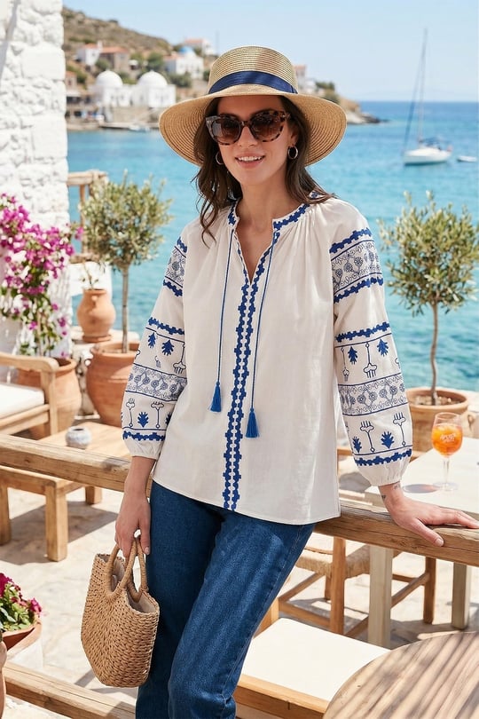 Lela Nakış İşlemeli Pamuklu Oversize Fit Bağlamalı V Yaka Kadın Bluz 676271 EKRU