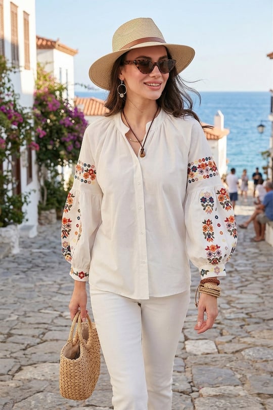 Lela Nakış İşlemeli Pamuklu Oversize Fit V Yaka Kadın Gömlek 676253 EKRU