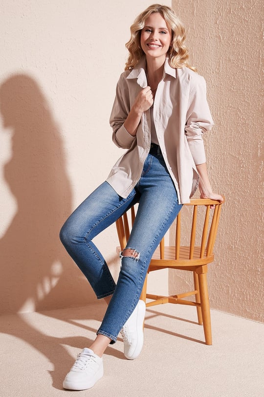 Lela Oversize % 100 Pamuk Poplin Kadın Gömlek CF21S163867 TAŞ