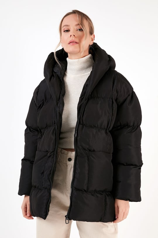 Lela Oversize Fit Kapüşonlu Şişme Kadın Mont 640Y047 SİYAH