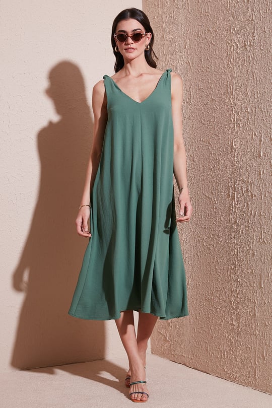 Lela Oversize Fit V Yaka Midi Boy Basic Kadın Elbise 6788688 HAKİ