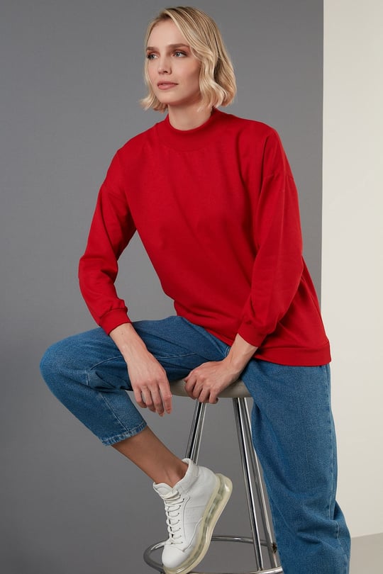 Lela Pamuklu Dik Yaka Basic Örme Kadın Sweat 5863323 KIRMIZI