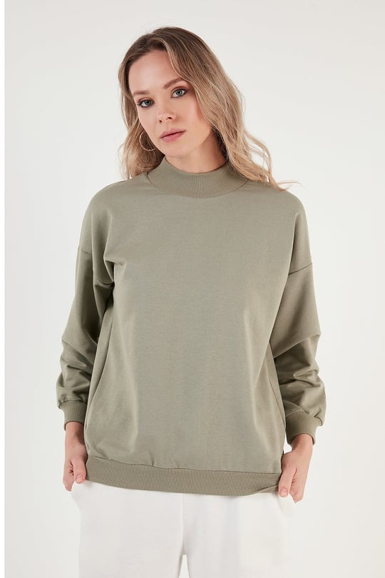 Lela Pamuklu Dik Yaka Basic Örme Kadın Sweat 5863323 Olive