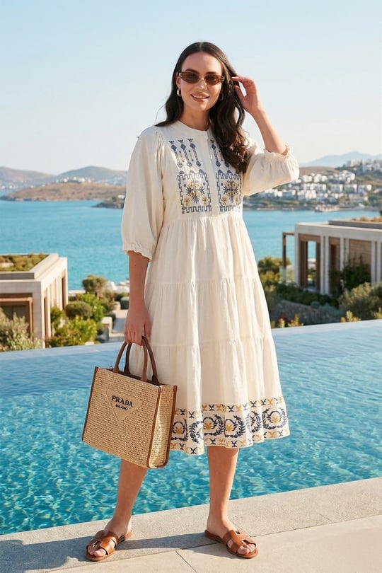 Lela Pamuklu Nakış İşlemeli Regular Fit Truvakar Kol Midi Boy Kadın Elbise 676216 EKRU