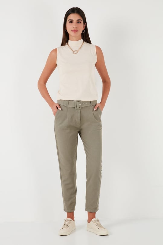 Lela Pamuklu Normal Bel Regular Fit Kemerli Kadın Pantolon 668YP4152 AÇIK HAKİ
