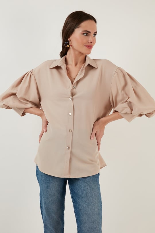 Lela Pamuklu Oversize Balon Kol Dokuma Kadın Gömlek 6234783 TAŞ